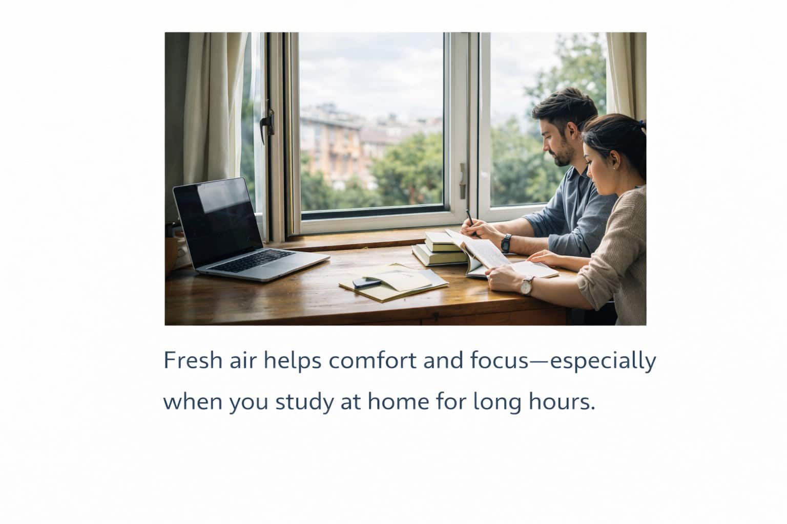 Students studying near a bright open window with fresh air coming in